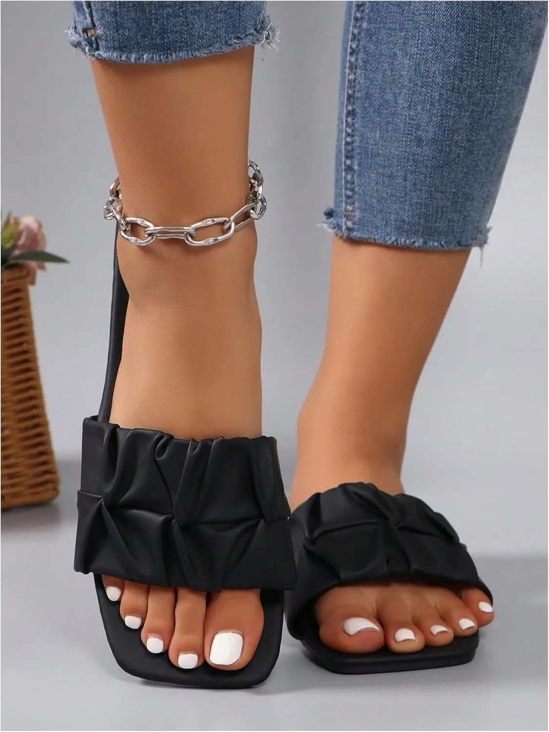 OYOANGLE Women's Pu Leather Sandals Single Band Square Toe Pleated Strap Casual Flat Slides