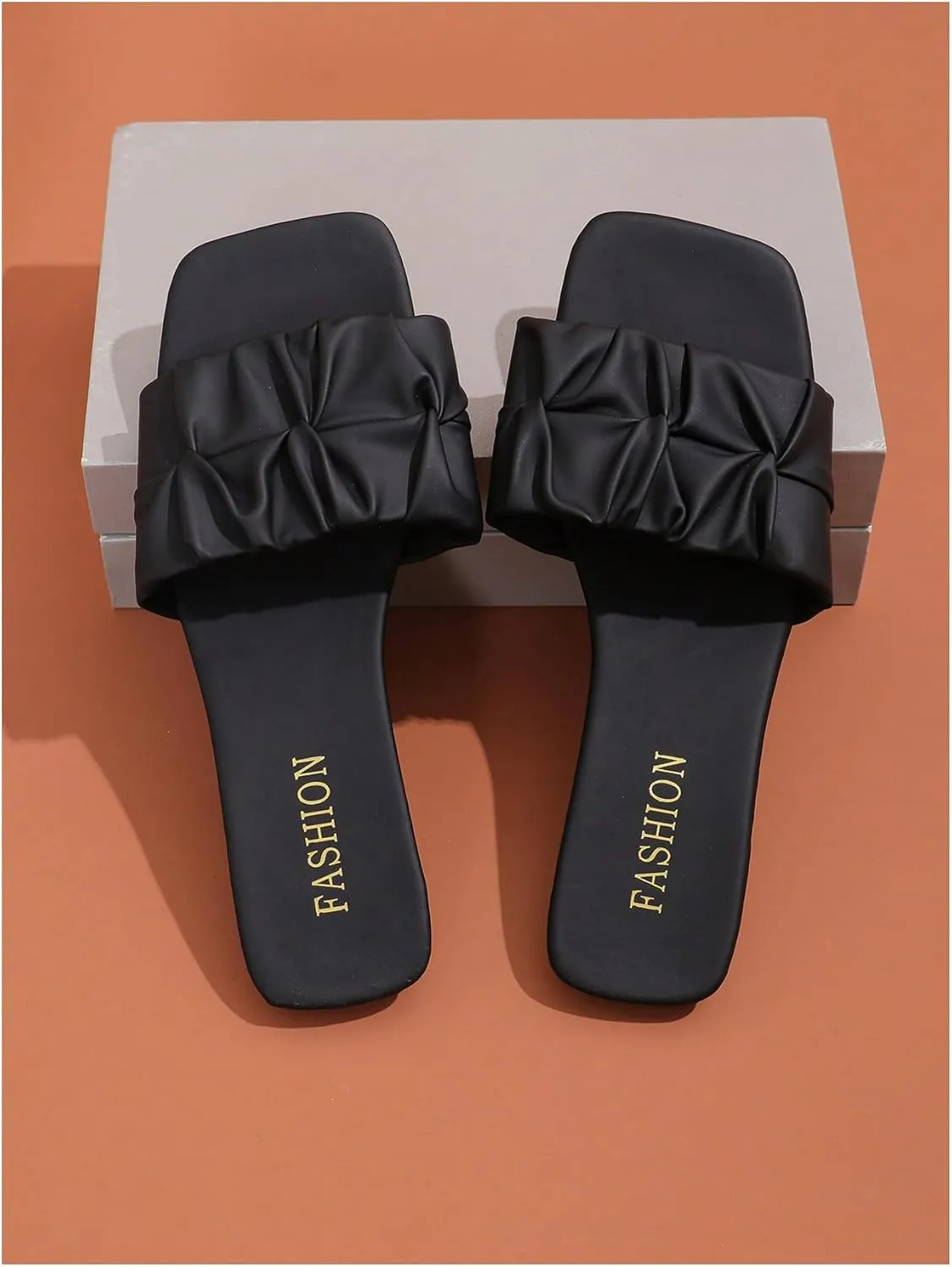 OYOANGLE Women's Pu Leather Sandals Single Band Square Toe Pleated Strap Casual Flat Slides