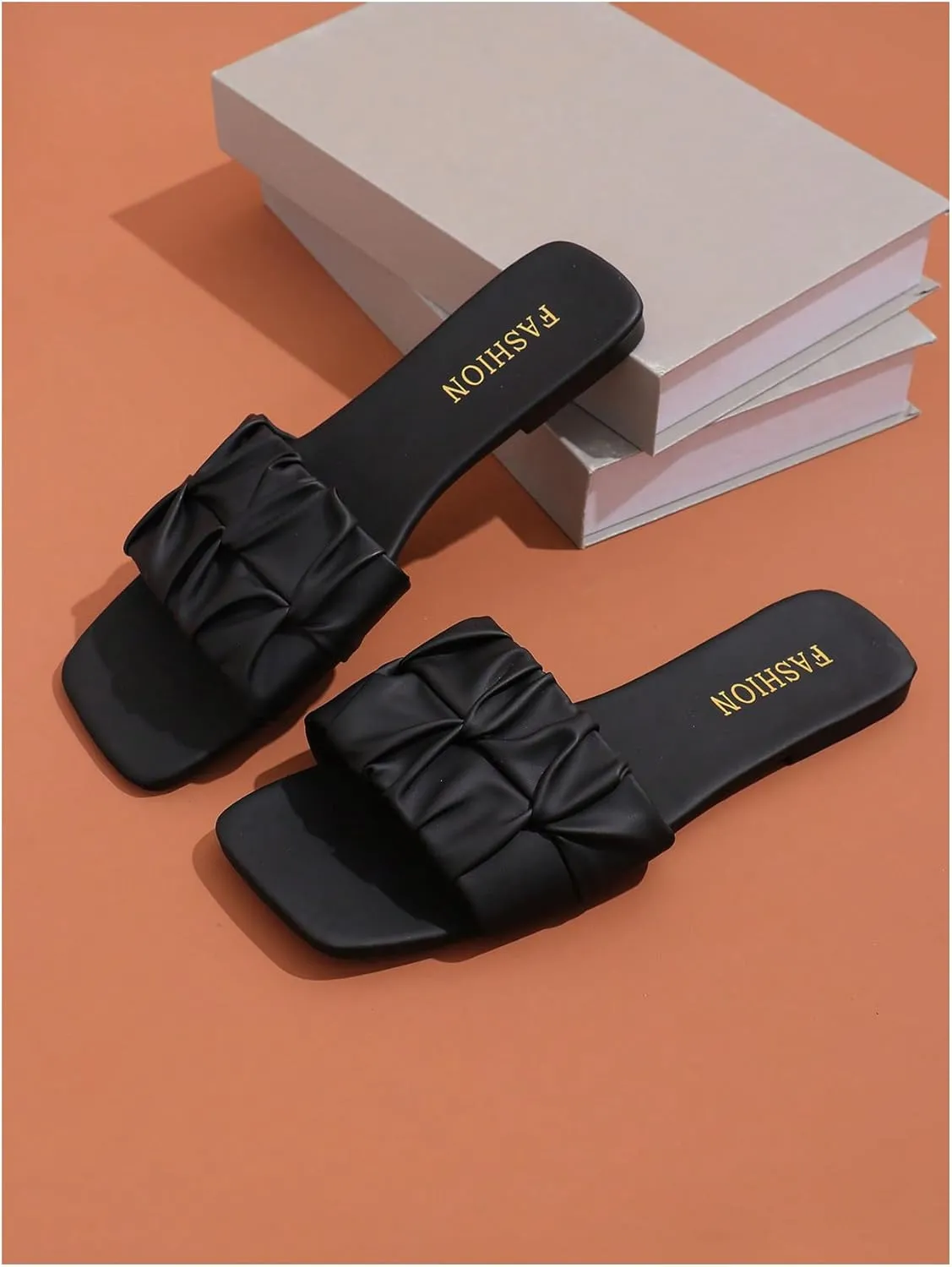 OYOANGLE Women's Pu Leather Sandals Single Band Square Toe Pleated Strap Casual Flat Slides