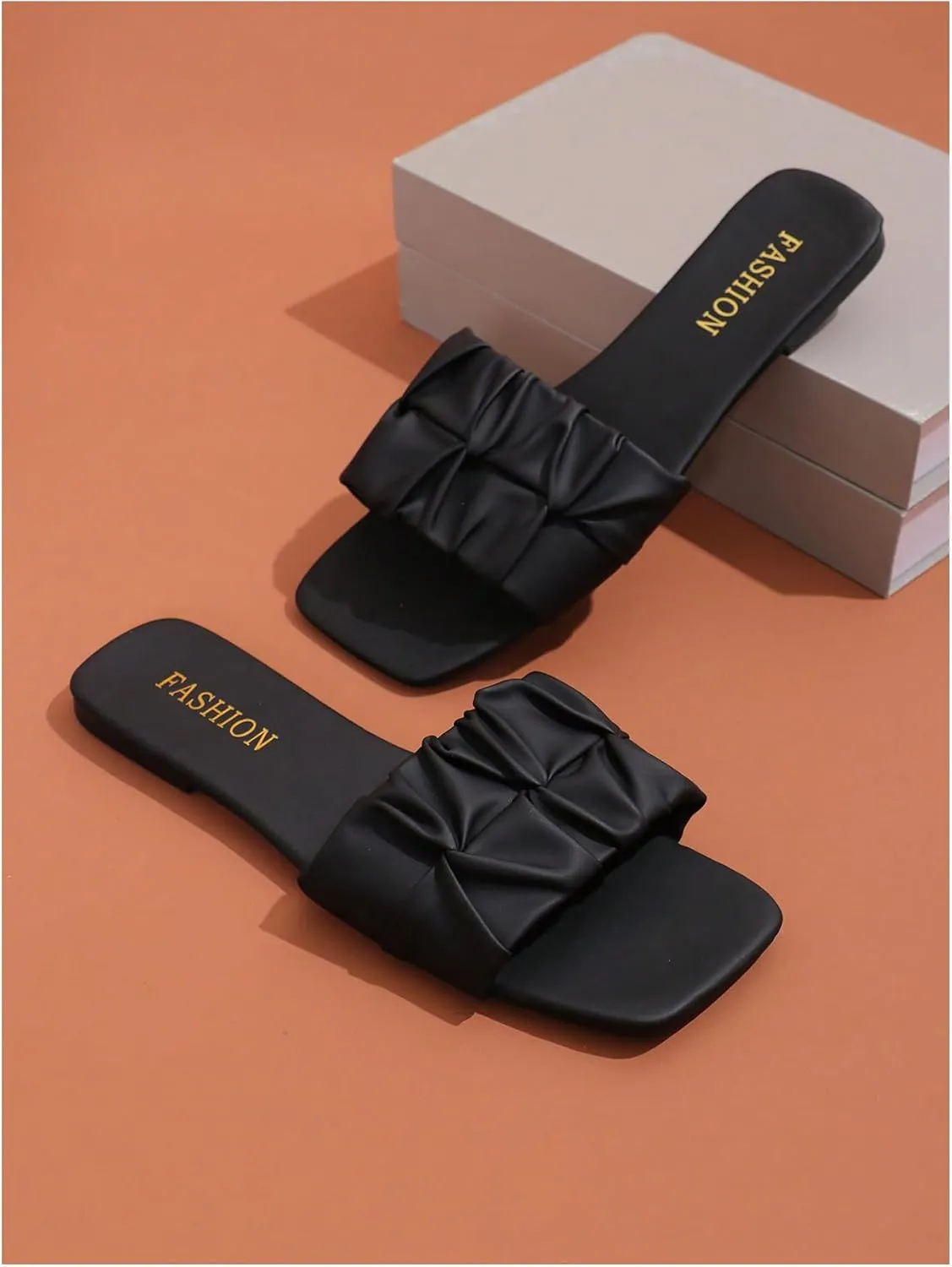 OYOANGLE Women's Pu Leather Sandals Single Band Square Toe Pleated Strap Casual Flat Slides