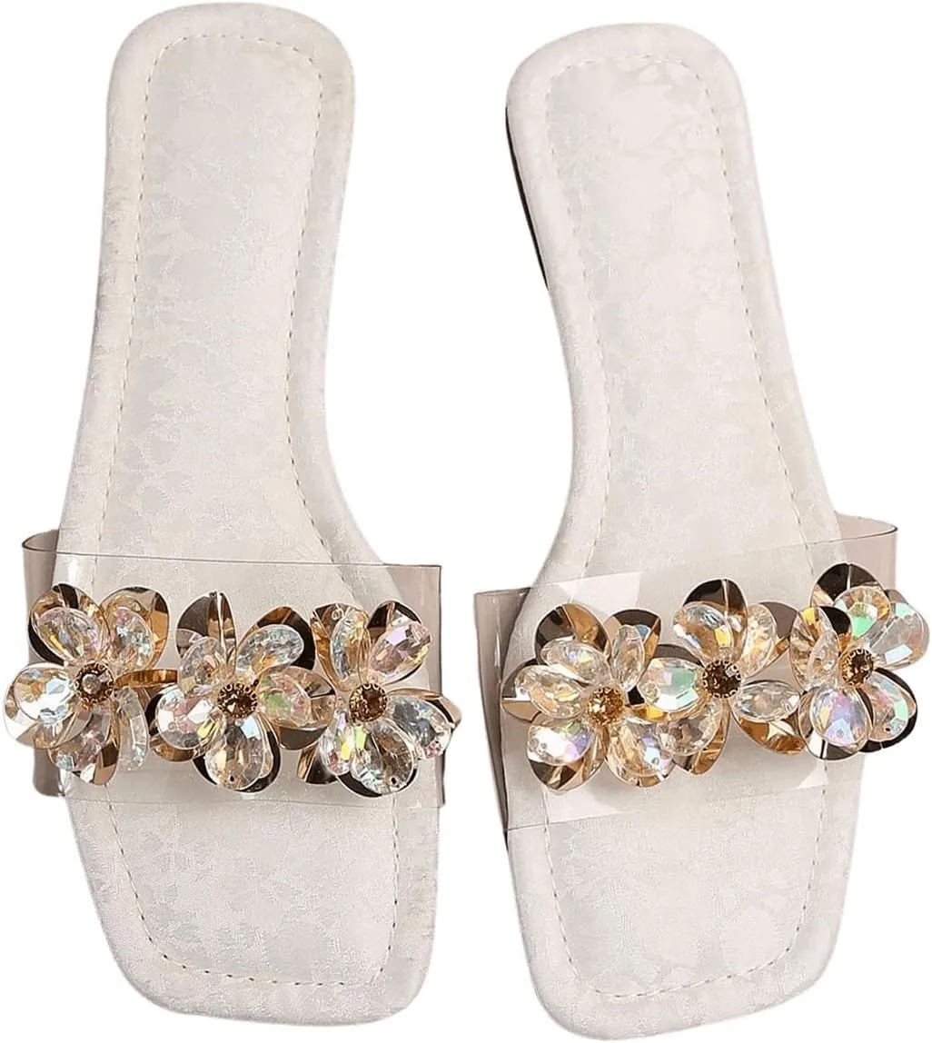 OYOANGLE Women's Rhinestone Flower Decor Clear Strap Sandals Square Toe Flat Sandals