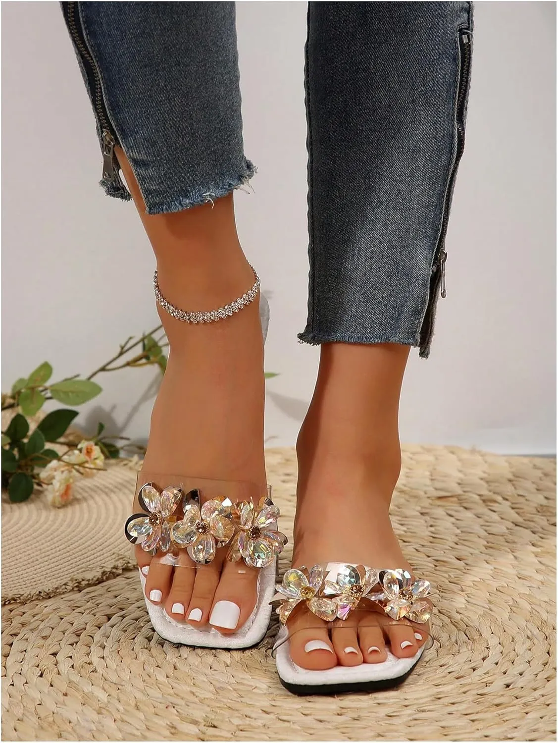 OYOANGLE Women's Rhinestone Flower Decor Clear Strap Sandals Square Toe Flat Sandals