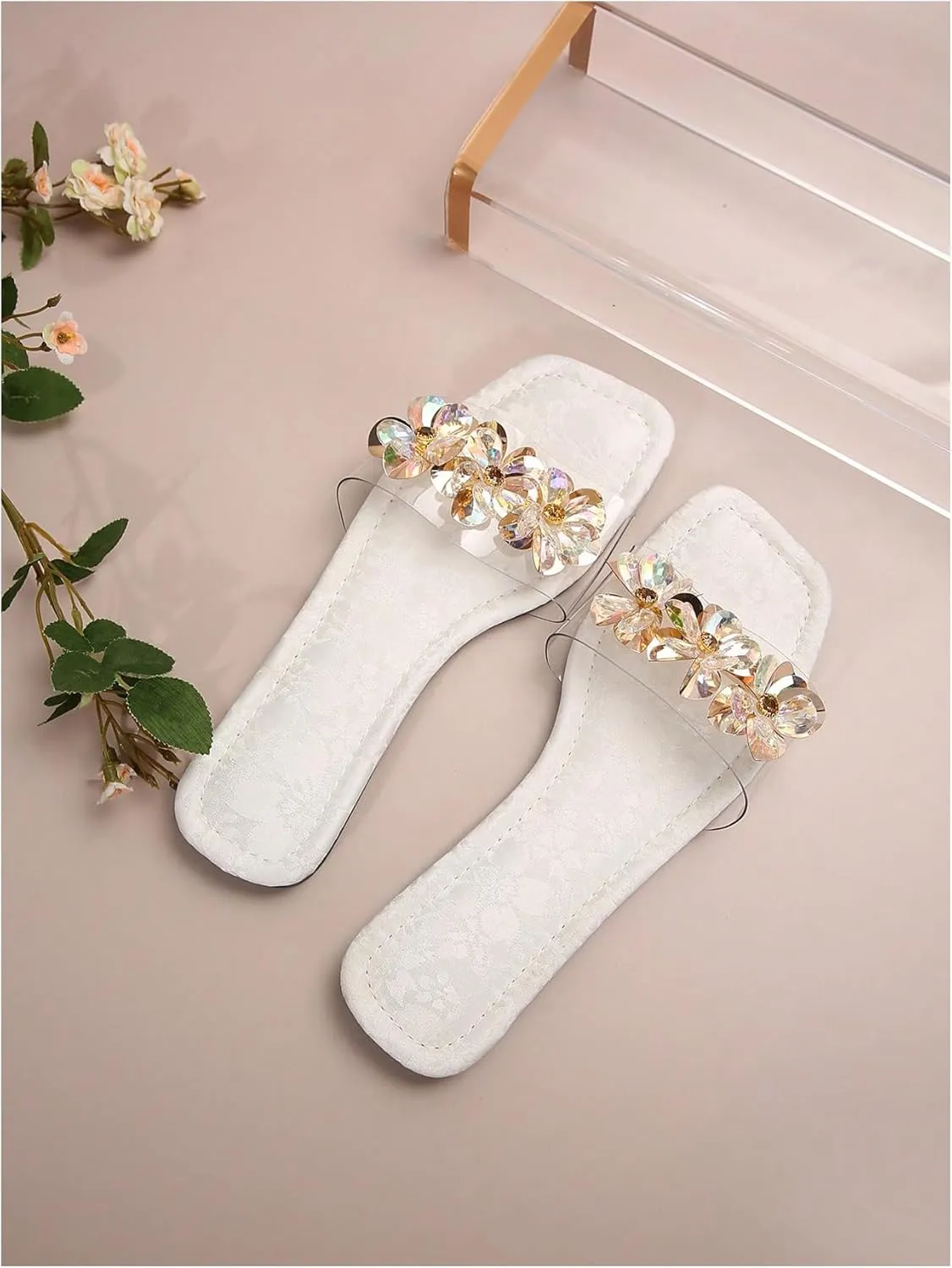 OYOANGLE Women's Rhinestone Flower Decor Clear Strap Sandals Square Toe Flat Sandals