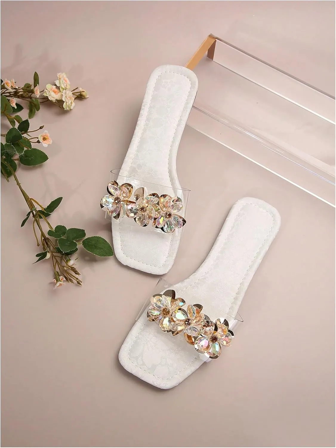 OYOANGLE Women's Rhinestone Flower Decor Clear Strap Sandals Square Toe Flat Sandals