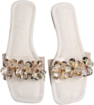 OYOANGLE Women's Rhinestone Flower Decor Clear Strap Sandals Square Toe Flat Sandals