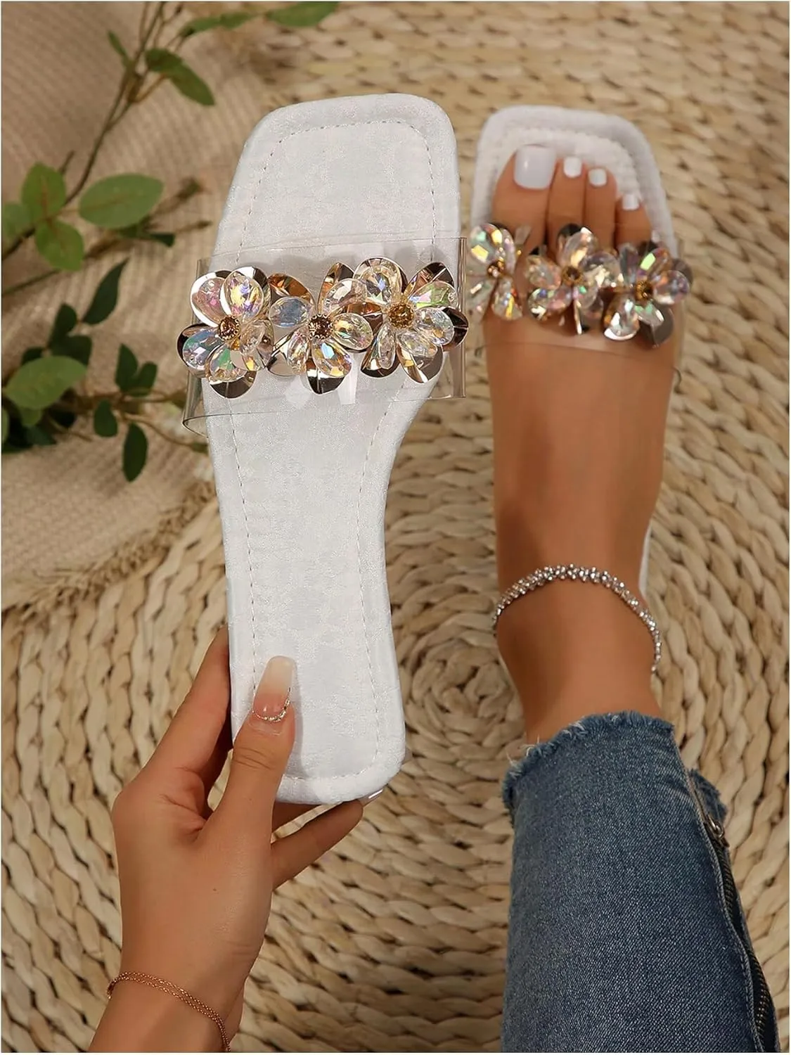OYOANGLE Women's Rhinestone Flower Decor Clear Strap Sandals Square Toe Flat Sandals