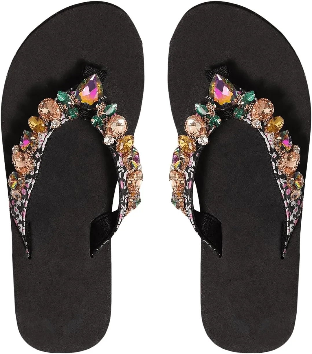 OYOANGLE Women's Rhinestone Jeweled Platform Flip Flops Boho Sparkly Wedge Thong Sandals Trendy Outdoor Slippers