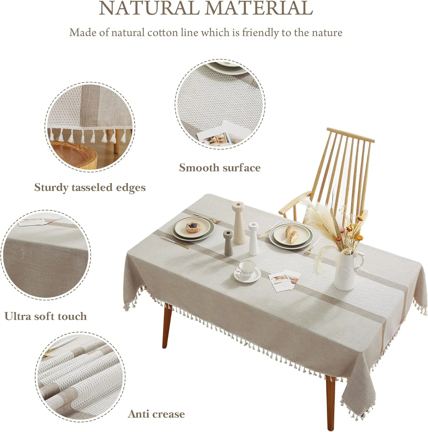 Pahajim Camping Tablecloth Kitchen Table Cloth Rectangle Table Cover for Farmhouse Tablecloths with Tassels Christmas (Double Stripe Coffee, Square,55 x 55 Inch,4 Seats)