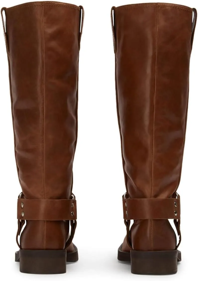 Pazzion Women Wide Calf Square Toe Mid Calf Boots Low Chunky Heel Motorcycling Riding Boot Pull On Flat Booties Daily Travel Dress Shoes Size 4-16 US