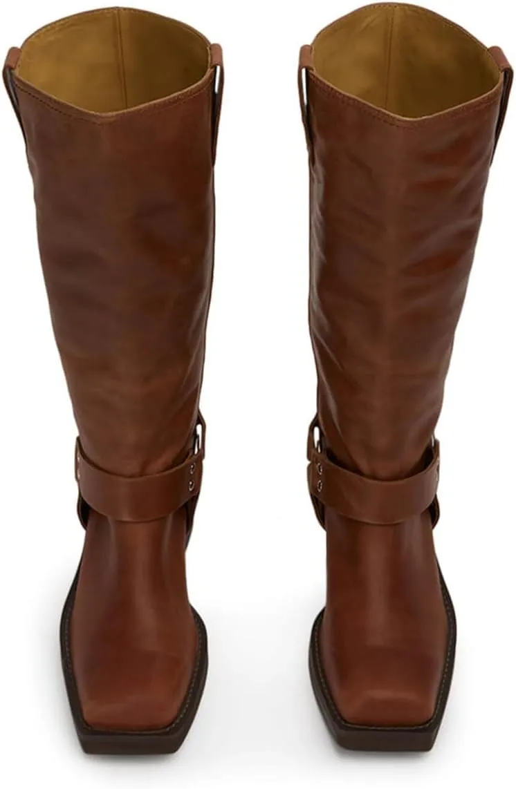 Pazzion Women Wide Calf Square Toe Mid Calf Boots Low Chunky Heel Motorcycling Riding Boot Pull On Flat Booties Daily Travel Dress Shoes Size 4-16 US
