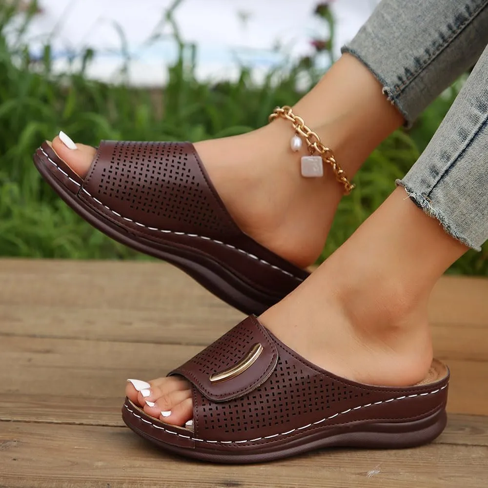 Peep Toe Hollow Out Orthopedic Slippers, Adjustable Sandals, Summer Casual Open Toe Arch Support Wedges Platform Walking Shoes