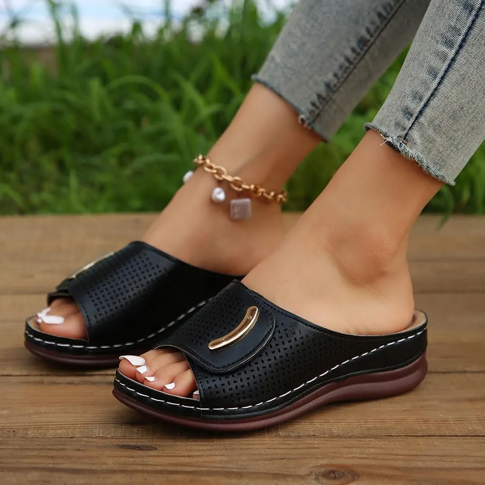 Peep Toe Hollow Out Orthopedic Slippers, Adjustable Sandals, Summer Casual Open Toe Arch Support Wedges Platform Walking Shoes
