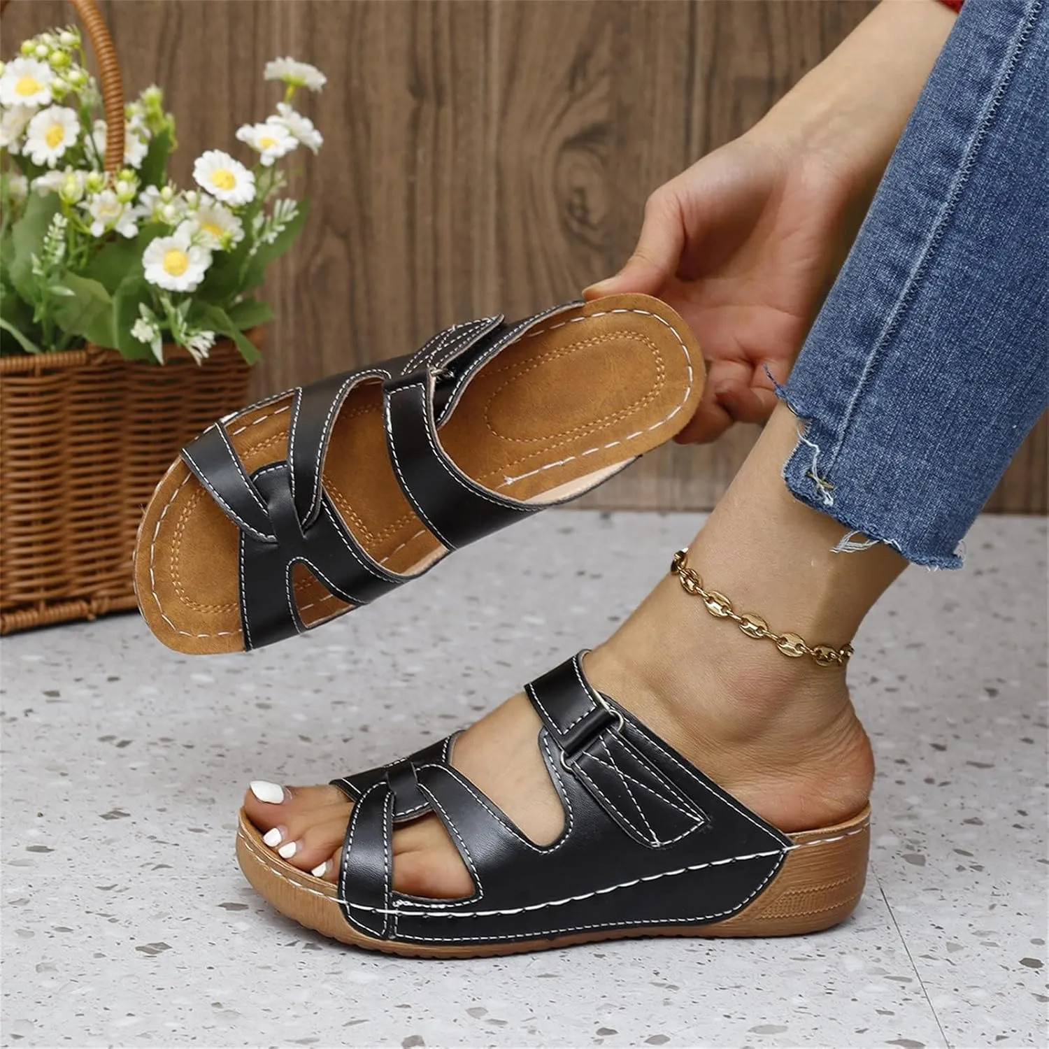 Peep Toe Wedges for Women Dressy Wide Width Orthopedic Wedge Sandals with Arch Support Walking Flip Flops