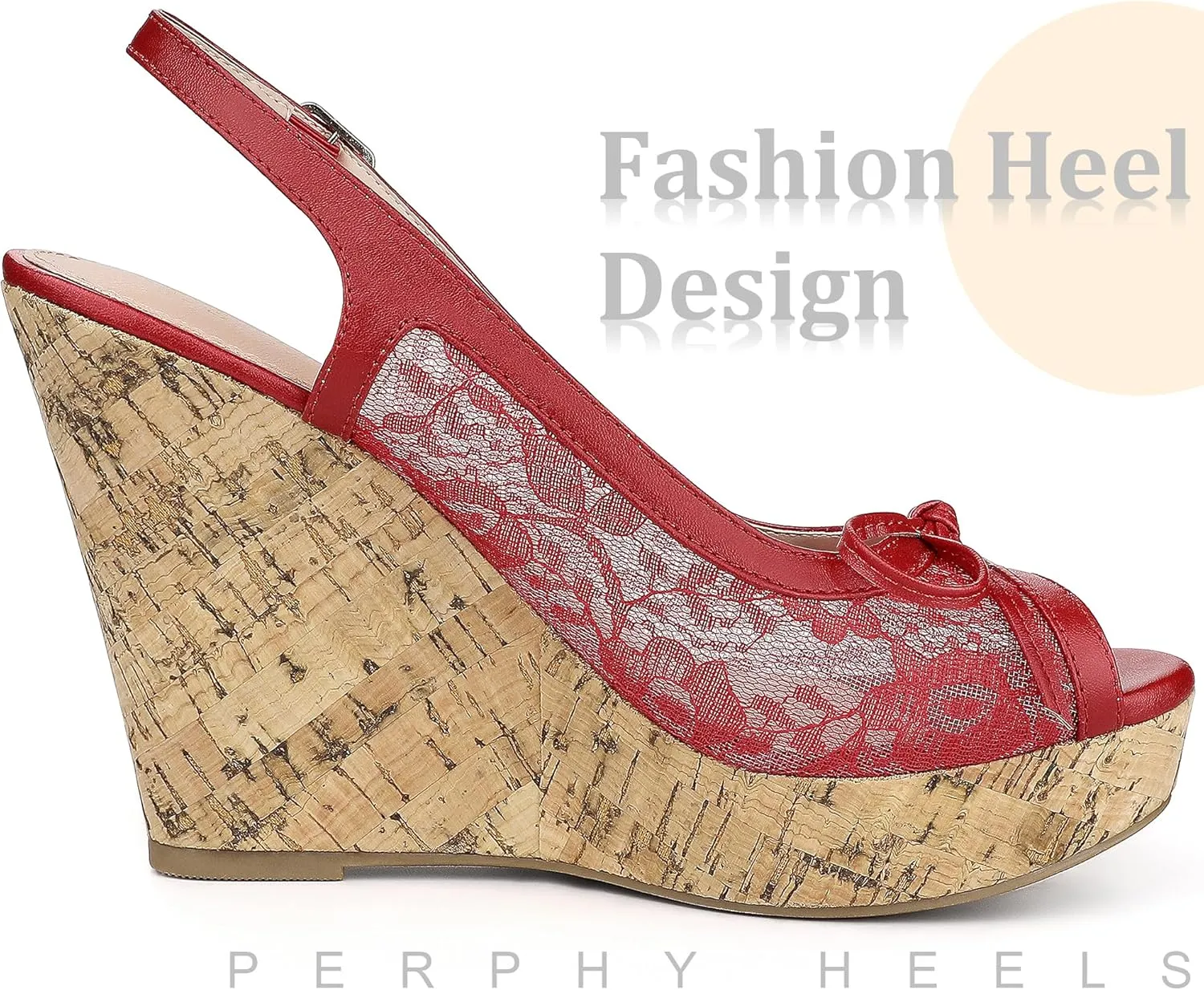Perphy Platform Heels Lace Bow Slingback Wedge Sandals for Women
