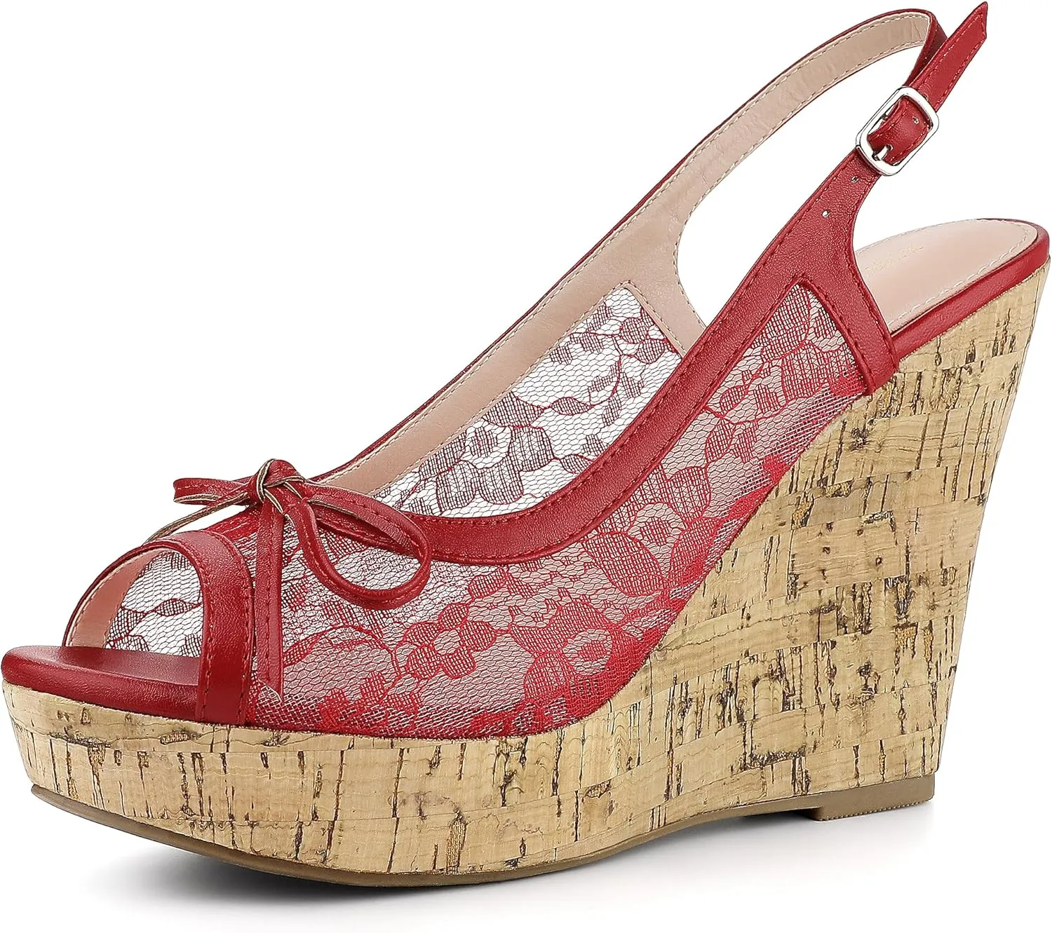 Perphy Platform Heels Lace Bow Slingback Wedge Sandals for Women