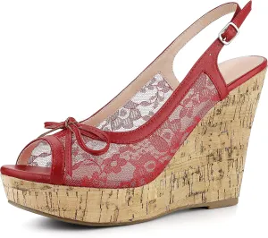 Perphy Platform Heels Lace Bow Slingback Wedge Sandals for Women