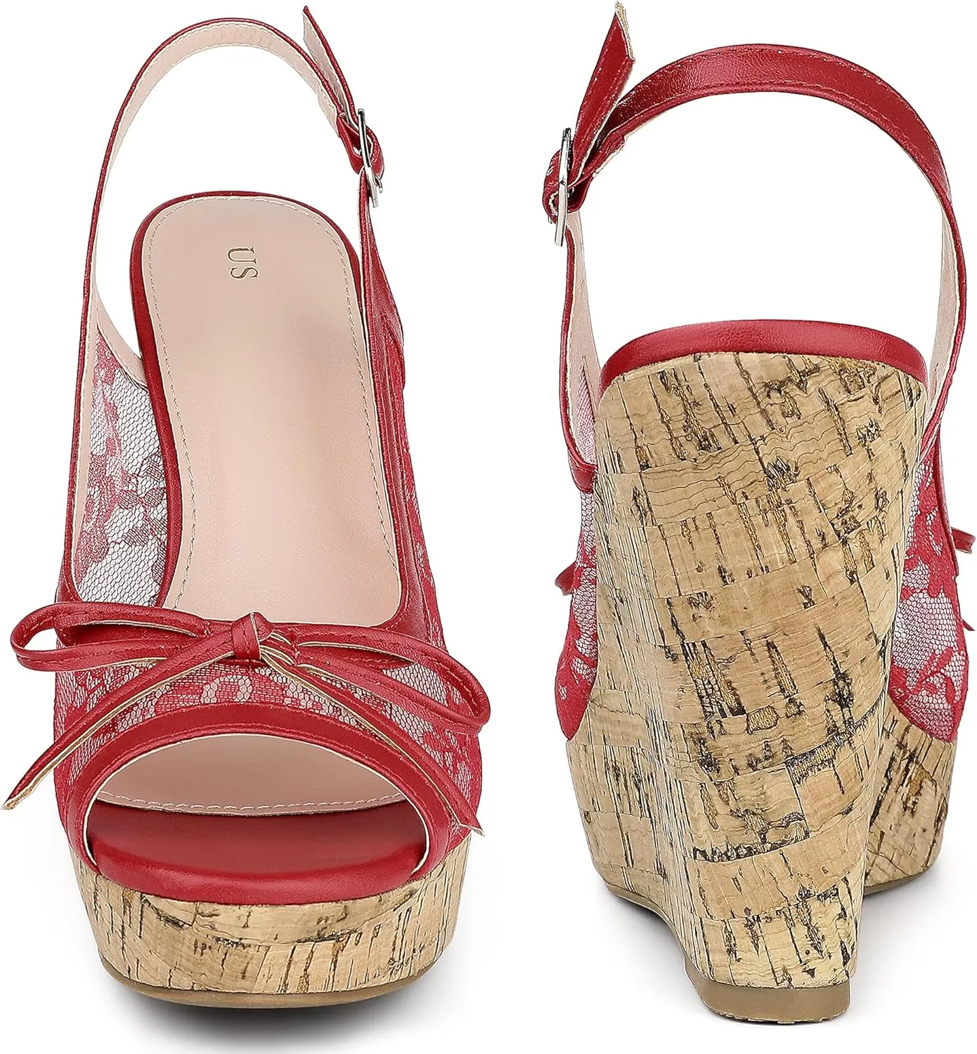 Perphy Platform Heels Lace Bow Slingback Wedge Sandals for Women