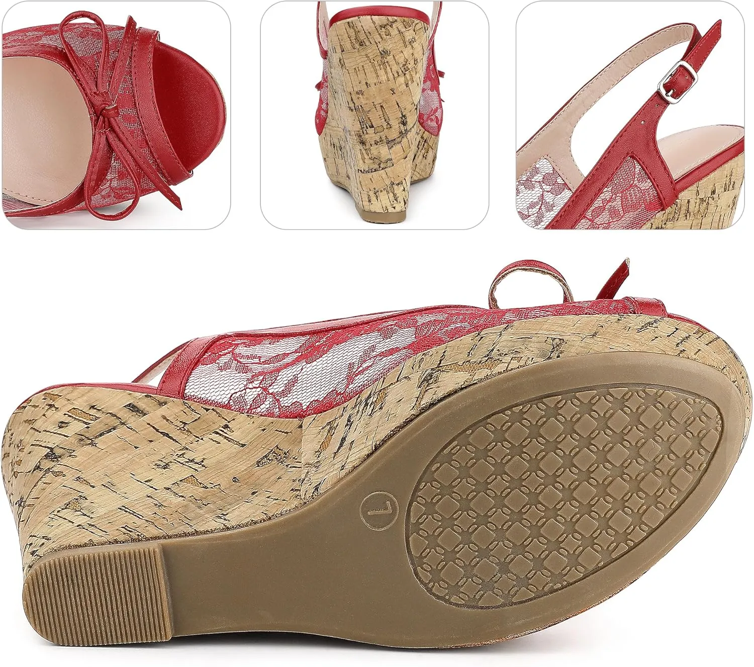 Perphy Platform Heels Lace Bow Slingback Wedge Sandals for Women