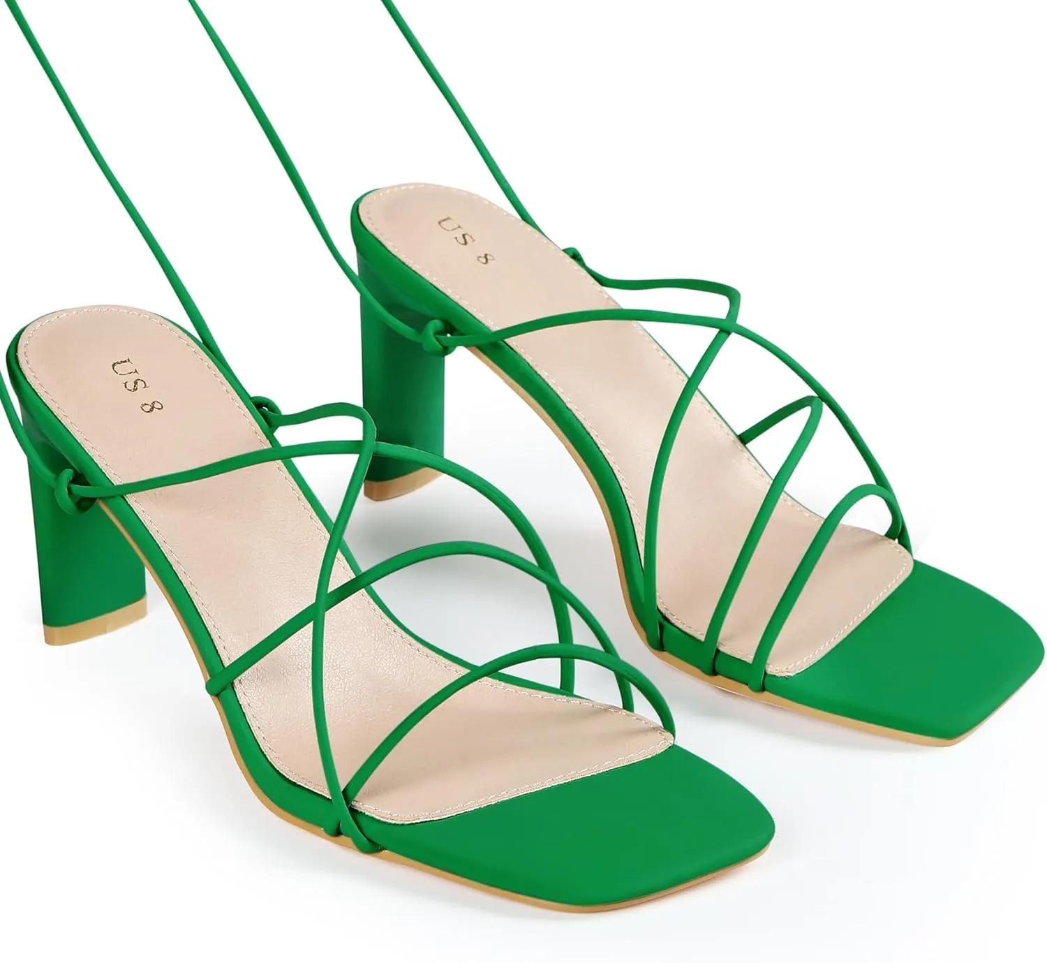 Perphy Women's Chunky Heel Wrap Up Strappy Heel Sandals with Square Toe