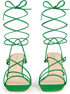 Perphy Women's Chunky Heel Wrap Up Strappy Heel Sandals with Square Toe