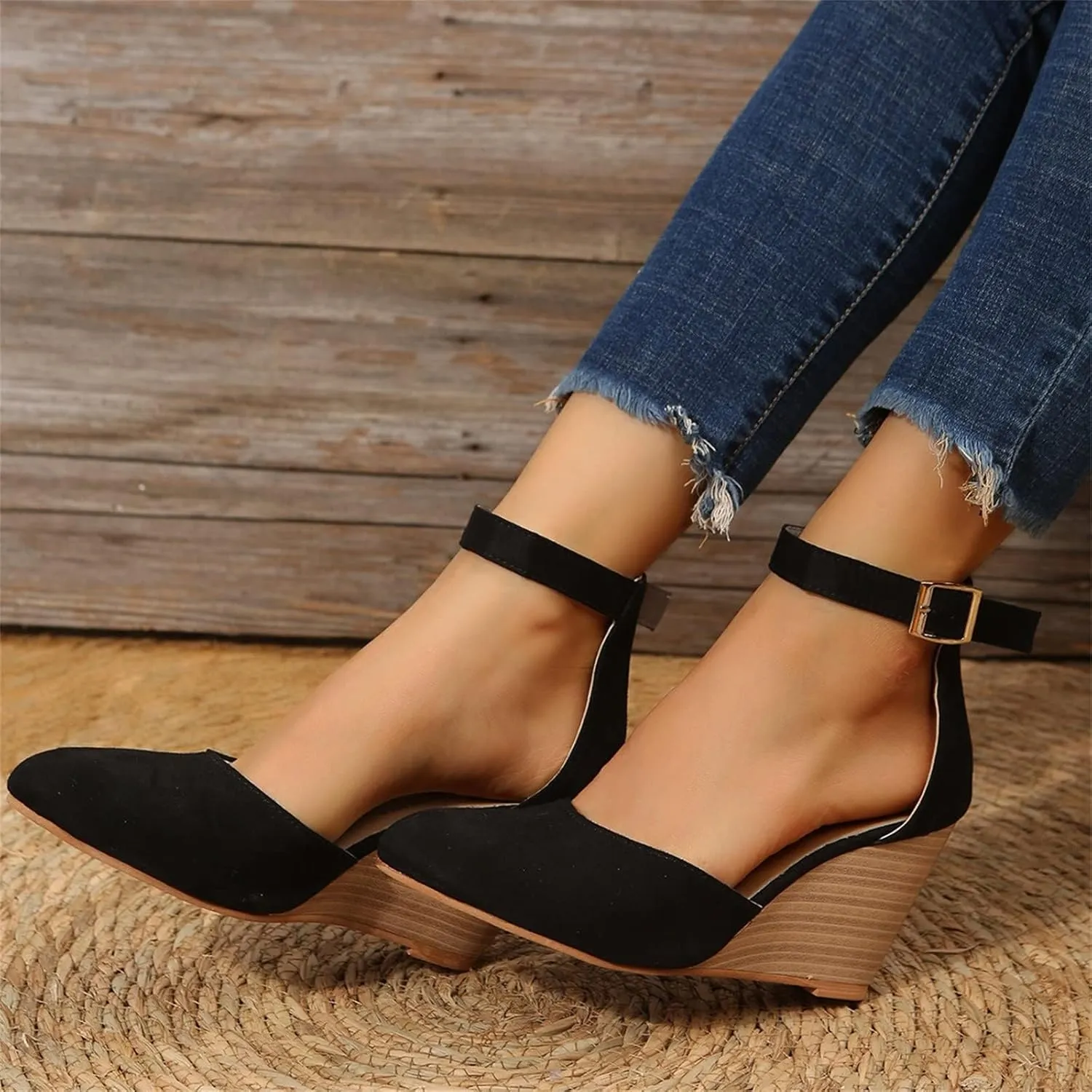 Platform Sandals Women Low Wedge Comofortable Dressy Non Slip Sandals Trendy Elegant Closed Toe Chunky Ankle Strap Walking Shoes Ladies Wedding Party Working Pump Shoes