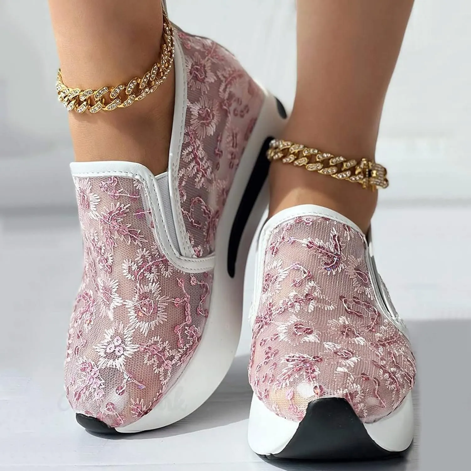 Platform Wedge Sneakers for Women 2025 Fashion Embroidery Floral Mesh Air Comfort Chunky Sole Hidden High Heels Slip On Loafers Breathable Walking Shoes with Arch Support