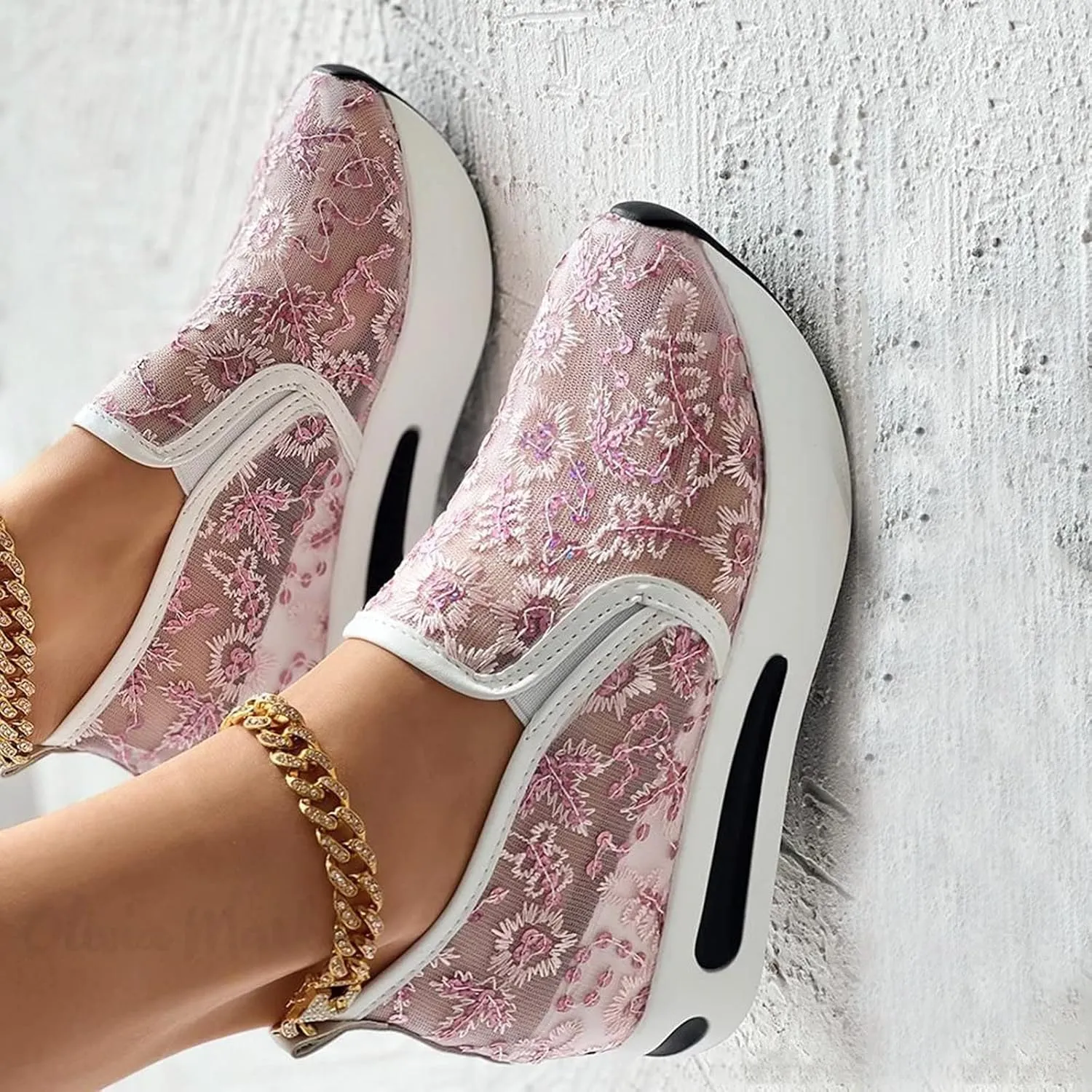 Platform Wedge Sneakers for Women 2025 Fashion Embroidery Floral Mesh Air Comfort Chunky Sole Hidden High Heels Slip On Loafers Breathable Walking Shoes with Arch Support