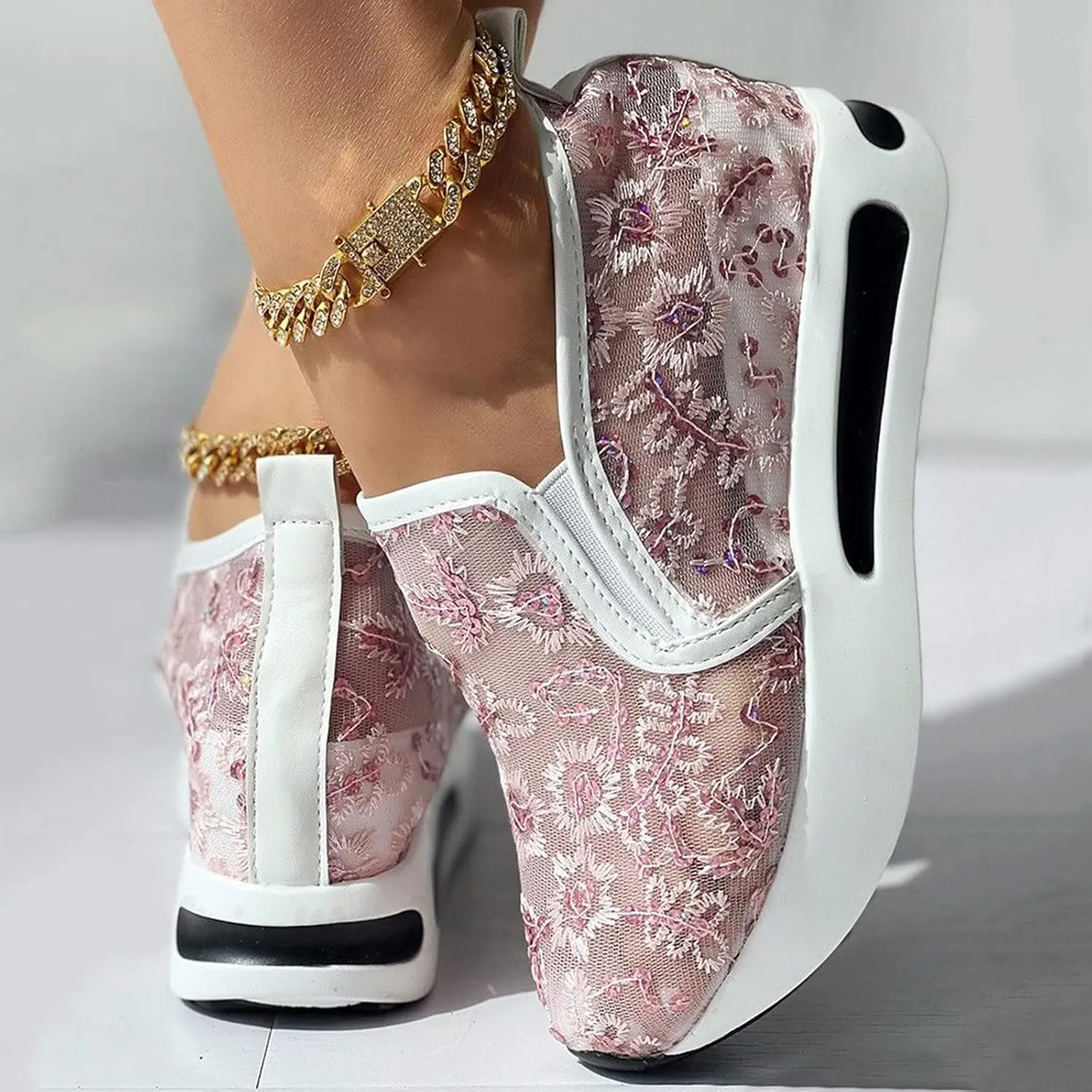 Platform Wedge Sneakers for Women 2025 Fashion Embroidery Floral Mesh Air Comfort Chunky Sole Hidden High Heels Slip On Loafers Breathable Walking Shoes with Arch Support