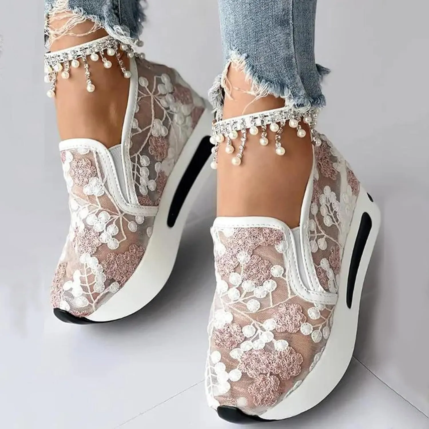 Platform Wedge Sneakers for Women 2025 Fashion Embroidery Floral Mesh Air Comfort Chunky Sole Hidden High Heels Slip On Loafers Breathable Walking Shoes with Arch Support