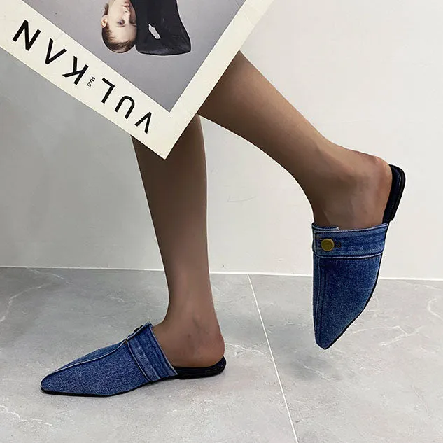Pointed Toe Denim Flat Slides