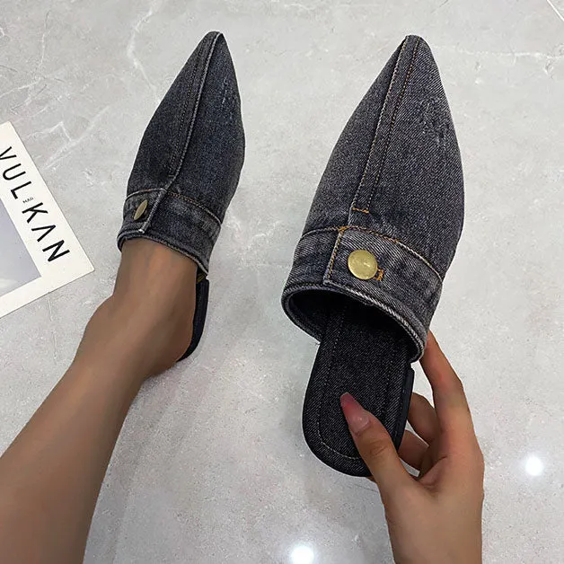 Pointed Toe Denim Flat Slides