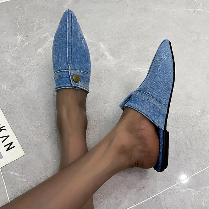 Pointed Toe Denim Flat Slides