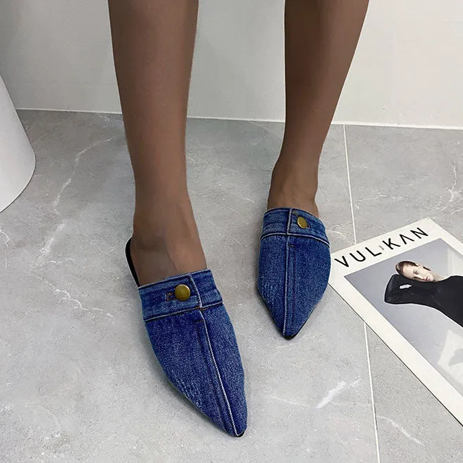Pointed Toe Denim Flat Slides