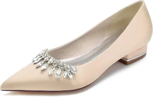 Pointed Toe Satin Flats with Rhinestones Wedding Shoes for Bride Flats Closed Toe Bridal Flat Dress Shoes Pumps for Women