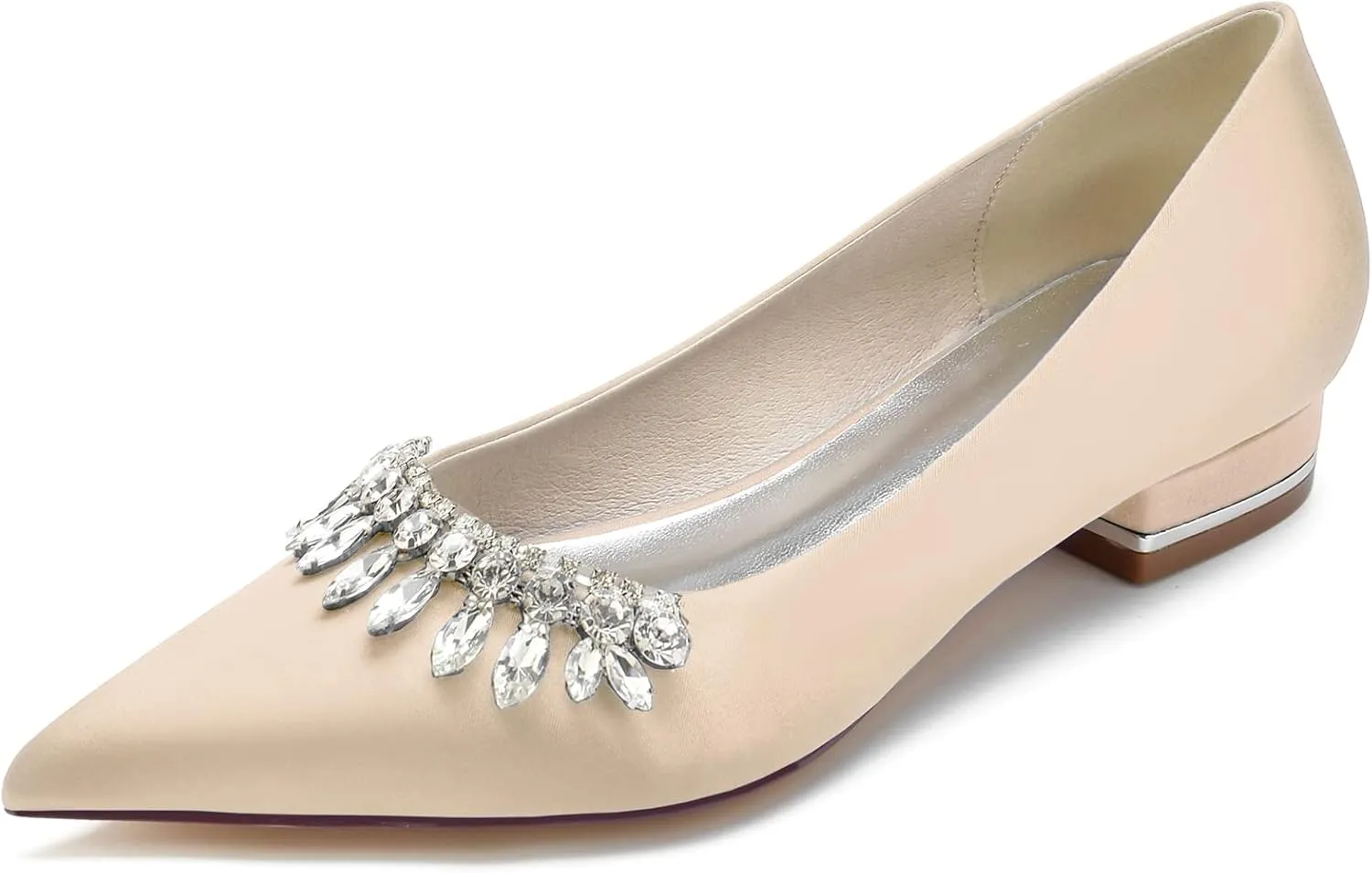 Pointed Toe Satin Flats with Rhinestones Wedding Shoes for Bride Flats Closed Toe Bridal Flat Dress Shoes Pumps for Women