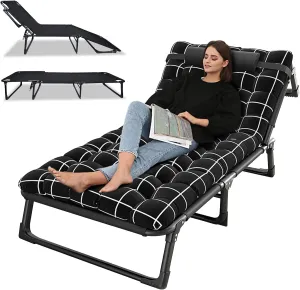 Portable Folding Camping Cot, 4-Position Adjustable Adults Reclining Folding Chaise with Pillow, Outdoor Portable Folding Lounge Chair Sleeping Cots Bed for Camping, Pool, Beach, Patio Black