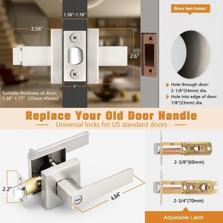 Probrico Interior Brushed Nickel Door Handle, Heavy Duty, Flat Square Privacy Door Handles, Keyless Door Levers Lockset for Bedroom and Bathroom (1 Pack, Modern)