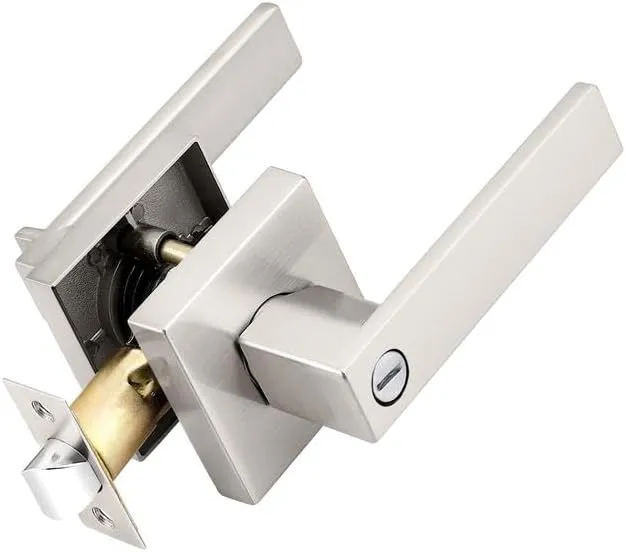 Probrico Interior Brushed Nickel Door Handle, Heavy Duty, Flat Square Privacy Door Handles, Keyless Door Levers Lockset for Bedroom and Bathroom (1 Pack, Modern)