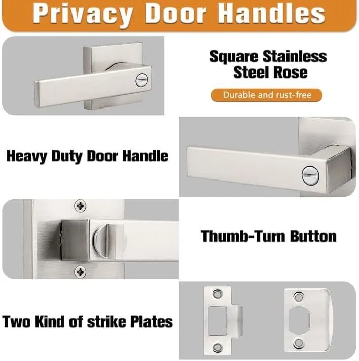 Probrico Interior Brushed Nickel Door Handle, Heavy Duty, Flat Square Privacy Door Handles, Keyless Door Levers Lockset for Bedroom and Bathroom (1 Pack, Modern)