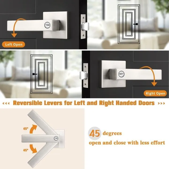 Probrico Interior Brushed Nickel Door Handle, Heavy Duty, Flat Square Privacy Door Handles, Keyless Door Levers Lockset for Bedroom and Bathroom (1 Pack, Modern)