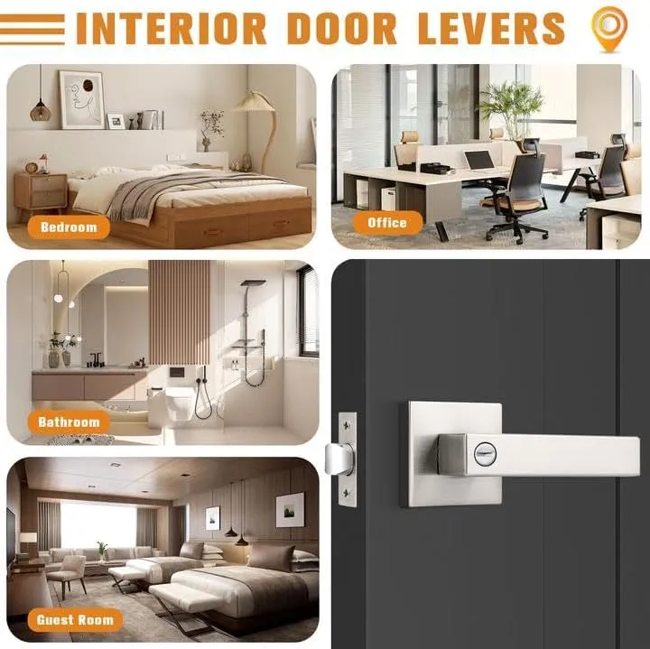 Probrico Interior Brushed Nickel Door Handle, Heavy Duty, Flat Square Privacy Door Handles, Keyless Door Levers Lockset for Bedroom and Bathroom (1 Pack, Modern)