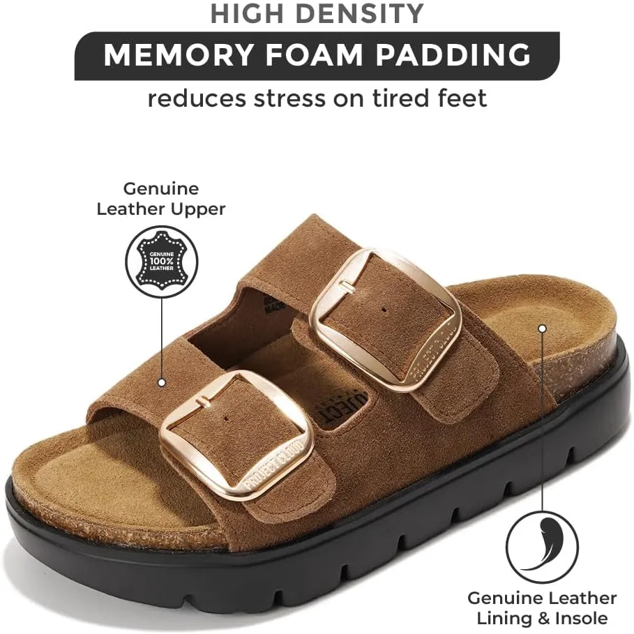Project Cloud Genuine Leather Platform Sandals Women Footwear - Wedge Chunky Sandals Womens sandals with Memory Foam Insole and Cork Footbed (GREECECHUNKY)