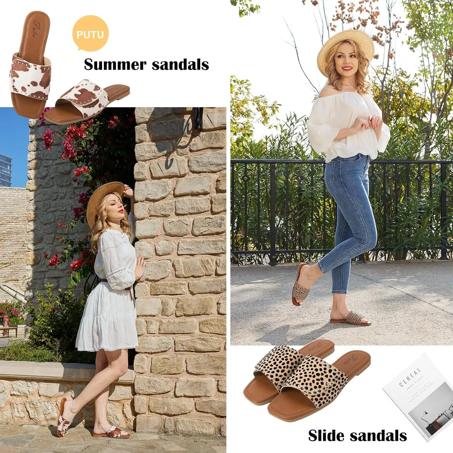 Putu Women's Flat Sandals Studded Slide Sandals Animal Print Western Sandals