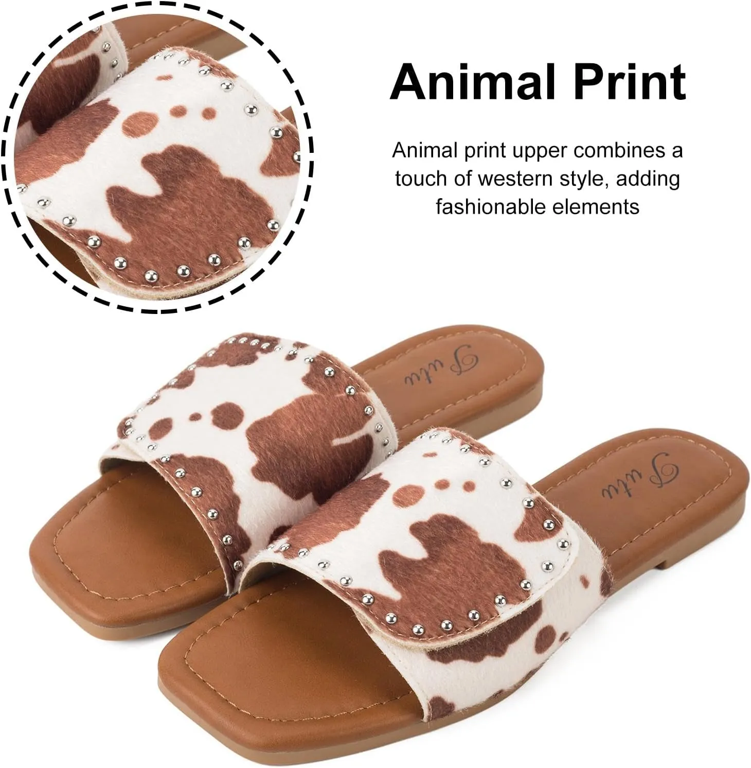 Putu Women's Flat Sandals Studded Slide Sandals Animal Print Western Sandals