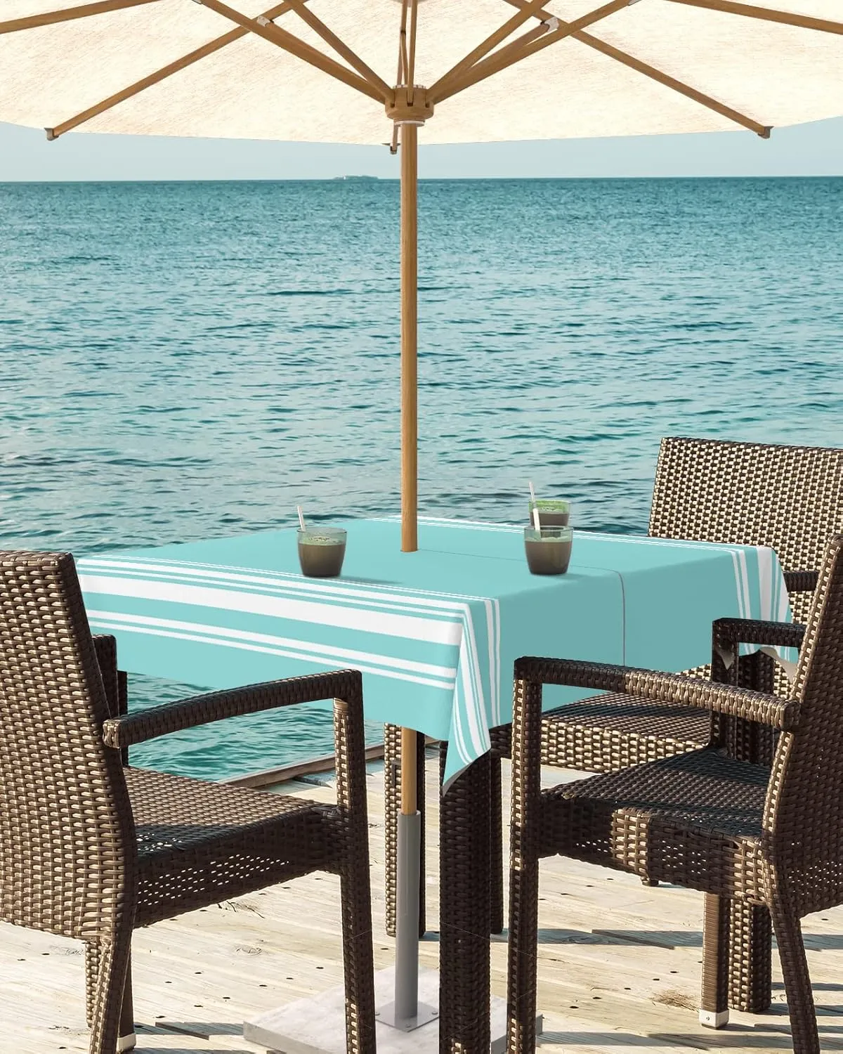 QueenKer Outdoor Tablecloth with Umbrella Hole, Farmhouse Teal White Stripe Square Tables Waterproof Tabletop Collection for Patio, Garden, Picnic, Camping, Dining 54 x 54 inch