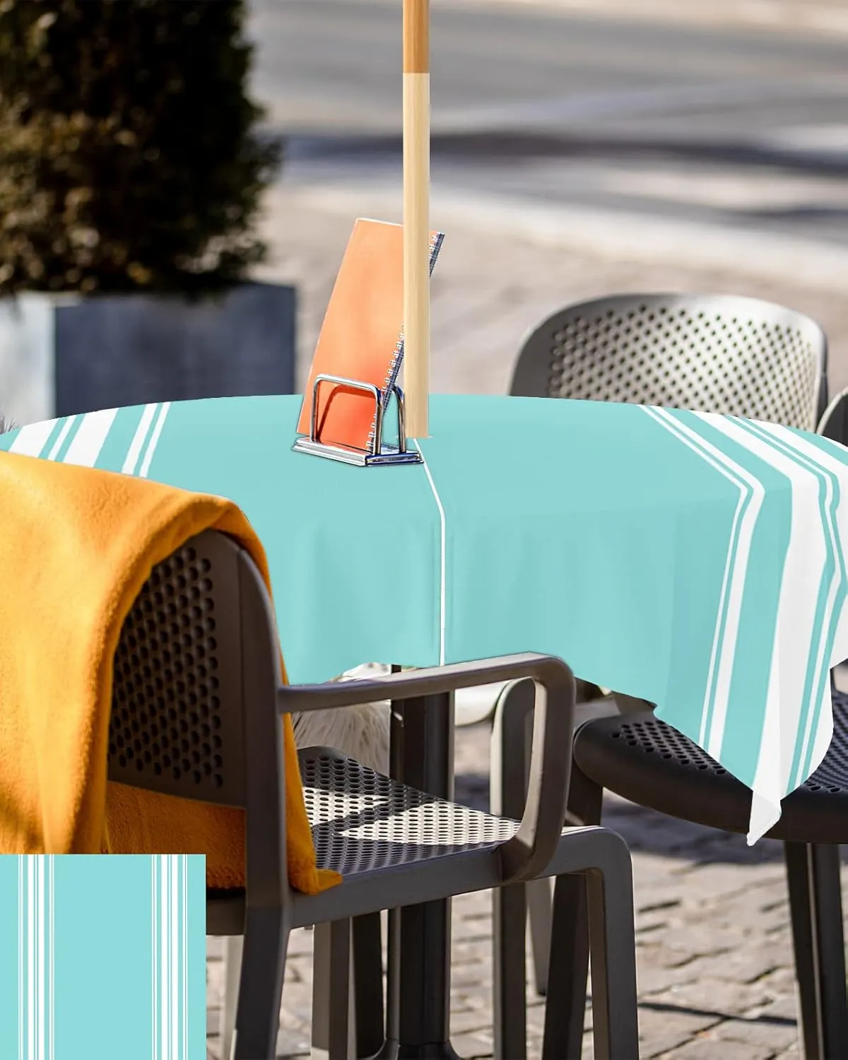 QueenKer Outdoor Tablecloth with Umbrella Hole, Farmhouse Teal White Stripe Square Tables Waterproof Tabletop Collection for Patio, Garden, Picnic, Camping, Dining 54 x 54 inch