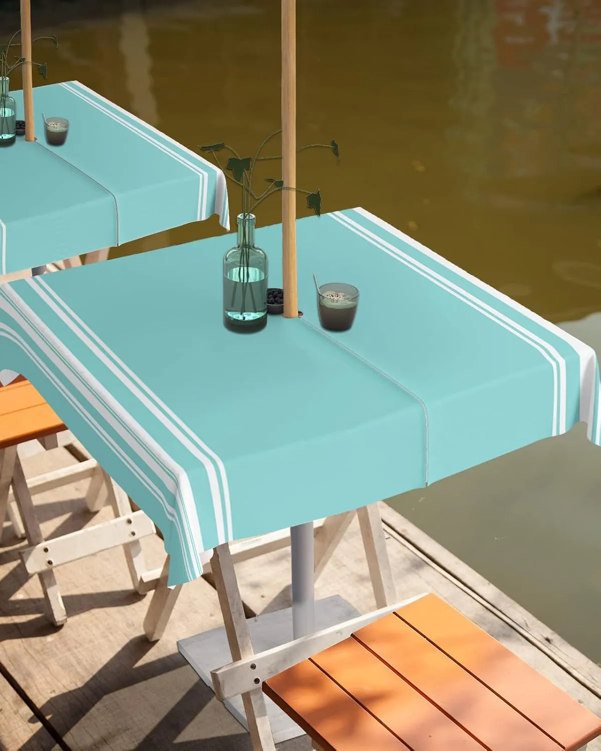 QueenKer Outdoor Tablecloth with Umbrella Hole, Farmhouse Teal White Stripe Square Tables Waterproof Tabletop Collection for Patio, Garden, Picnic, Camping, Dining 54 x 54 inch