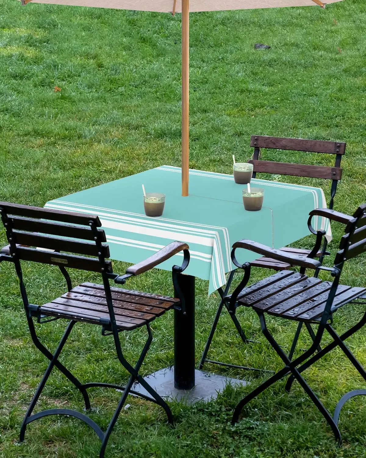 QueenKer Outdoor Tablecloth with Umbrella Hole, Farmhouse Teal White Stripe Square Tables Waterproof Tabletop Collection for Patio, Garden, Picnic, Camping, Dining 54 x 54 inch