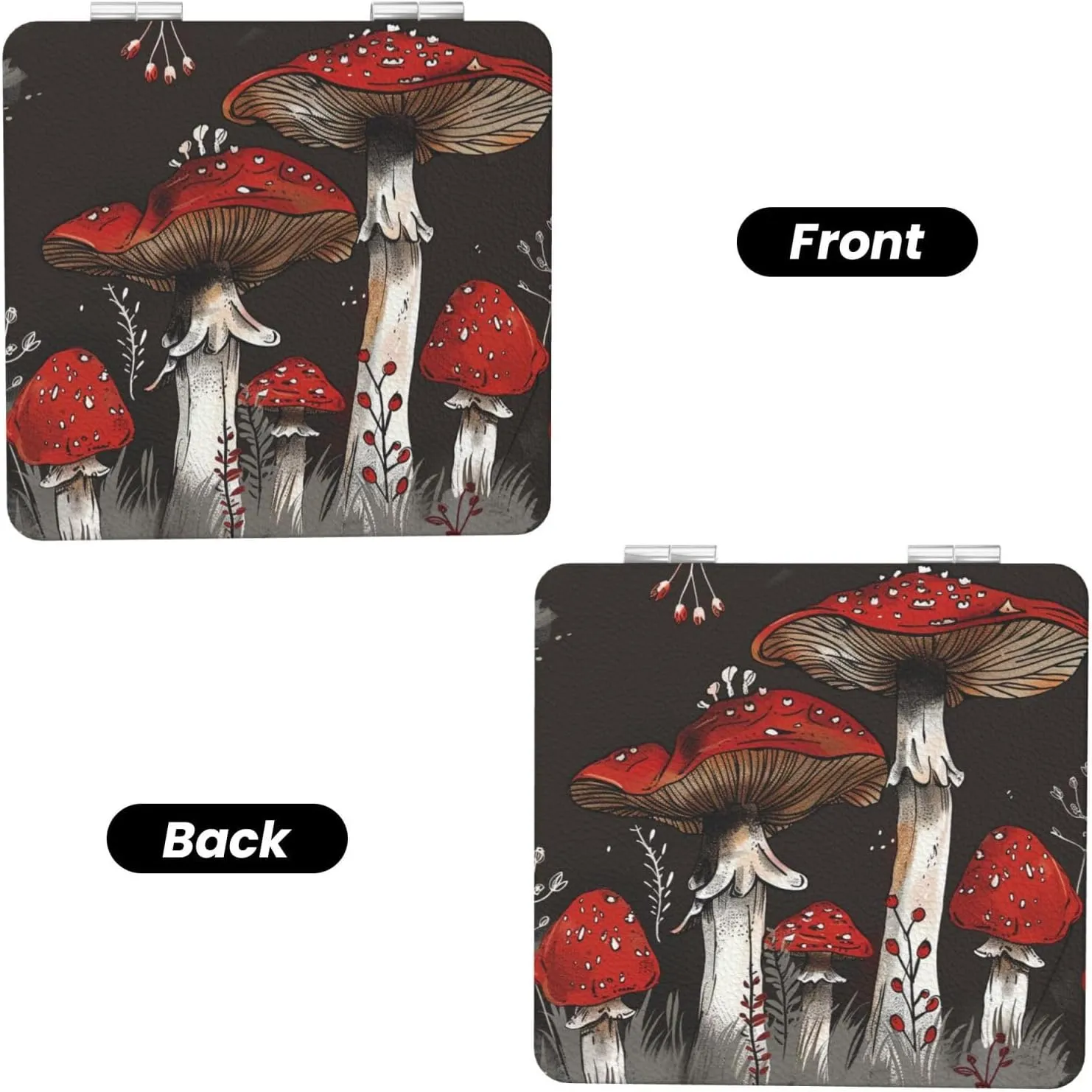 Red Mushrooms 1 Printed Square Pocket Makeup Mirror with 1X/2X Magnification, Portable Mini Travel Makeup Mirror for Travel Daily Work Beauty