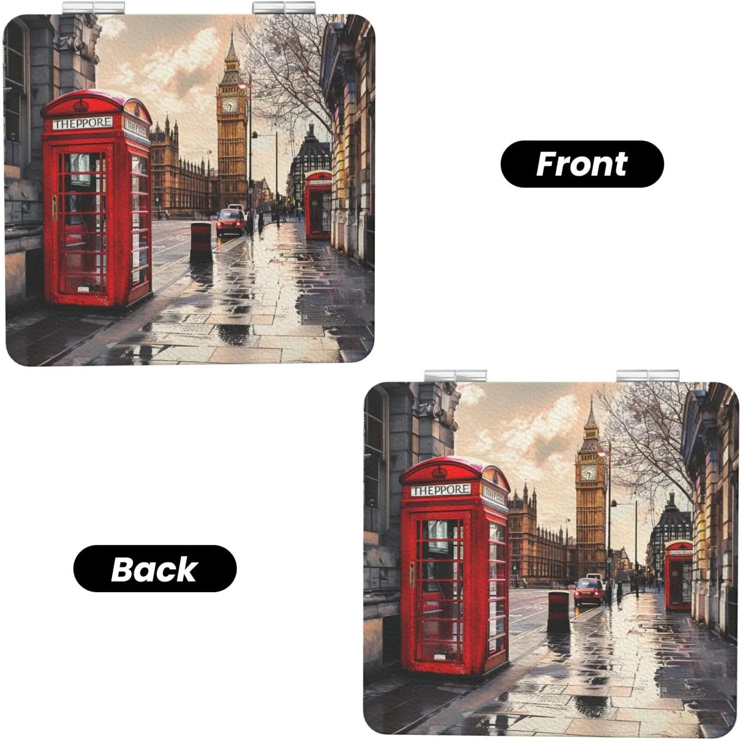 Red Phone Booth London Street Printed Square Pocket Makeup Mirror with 1X/2X Magnification, Portable Mini Travel Makeup Mirror for Travel Daily Work Beauty